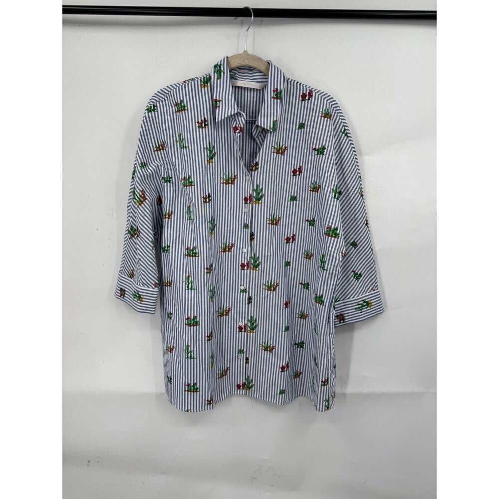 Zara Trafaluc Shirt Women XS Blue Striped Button‎ Front Novelty Cactus Print